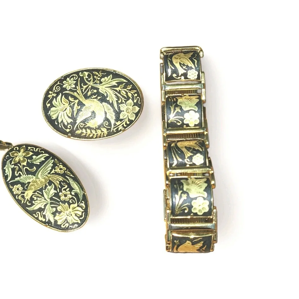 Vintage Toledo Style Damascene Bird Bracelet Brooch Pendant Set